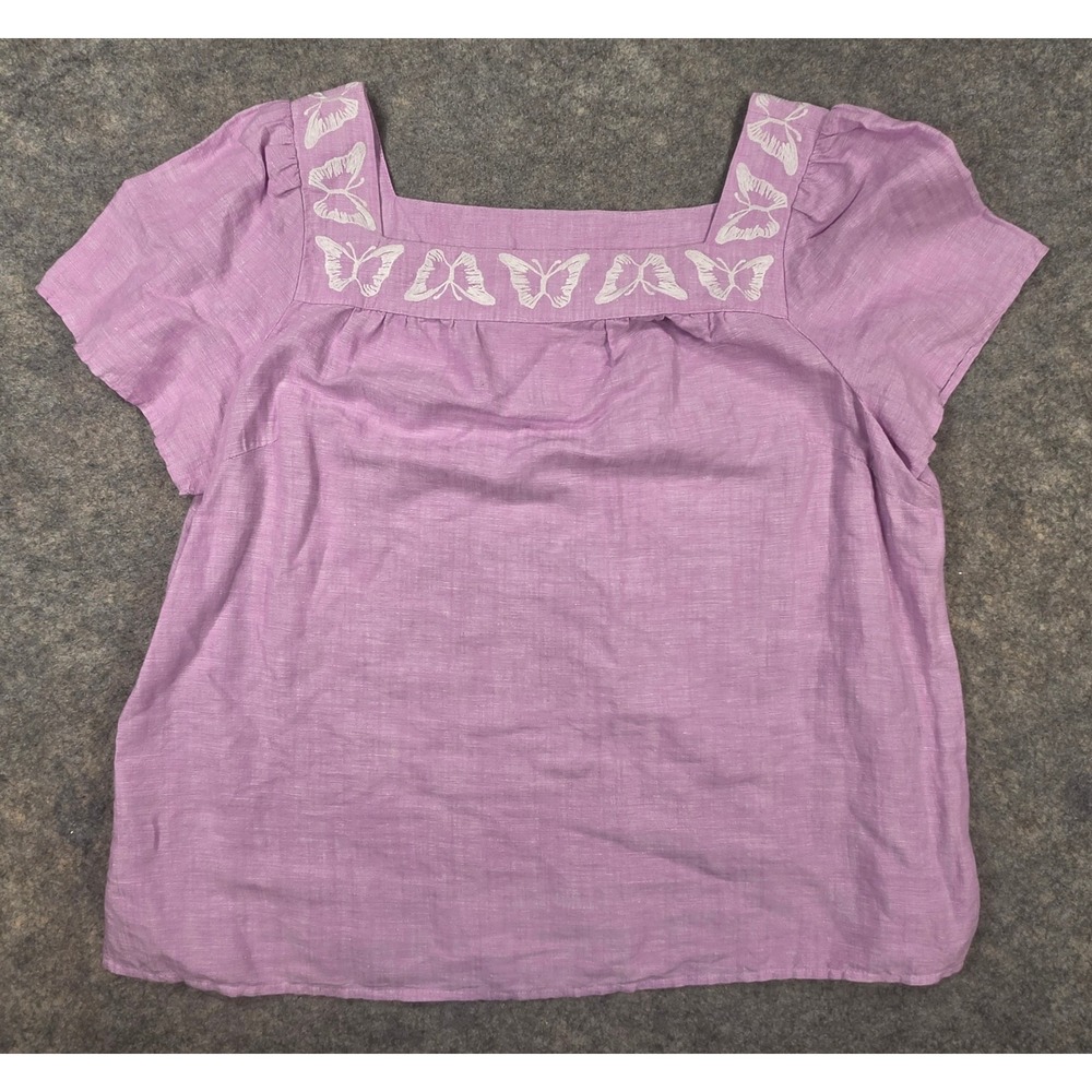 Talbots Petite Purple Linen Blend Butterfly Embroidered Square Neck Blouse Small